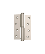 Metallic door hinge on a green background