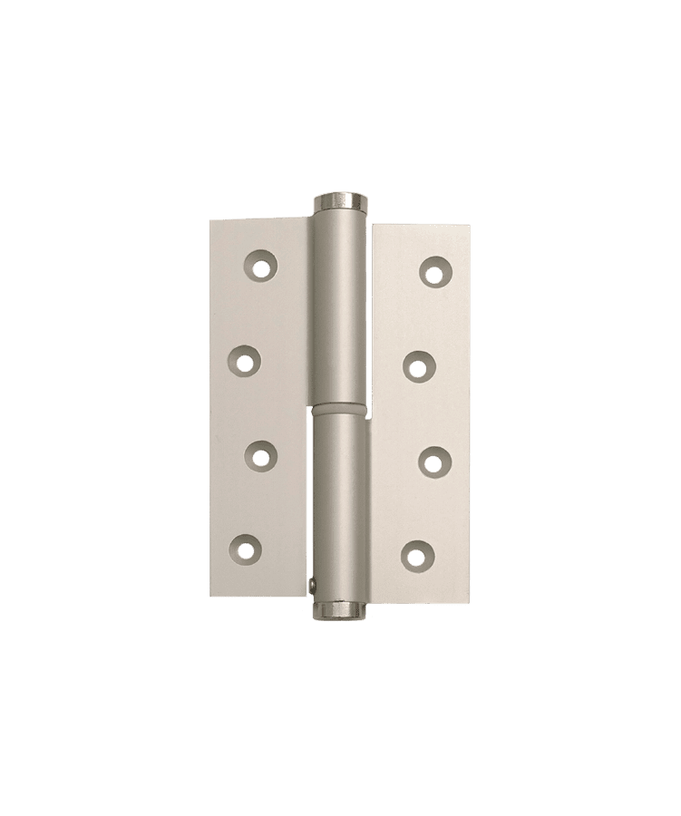 Metallic door hinge on a green background