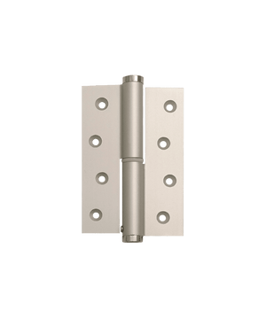 Metallic door hinge on a green background