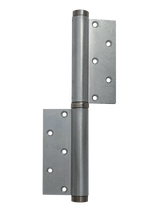 Metal door hinge on a green background