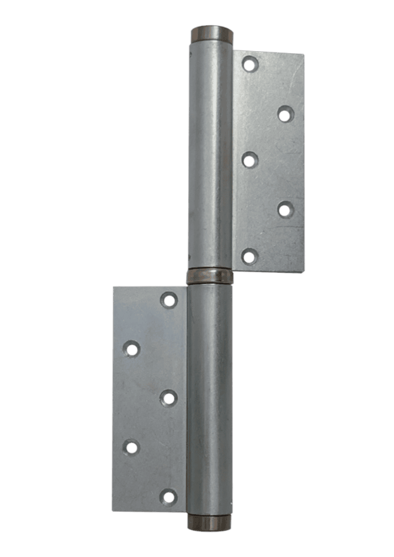 Metal door hinge on a green background