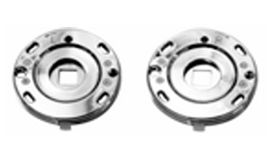 Two metallic flanges on a white background