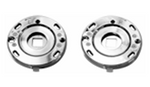 Two metallic flanges on a white background