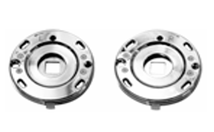 Two metallic flanges on a white background