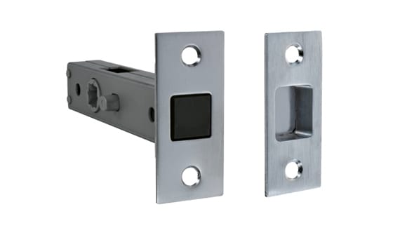 Metal door lock mechanism on a white background