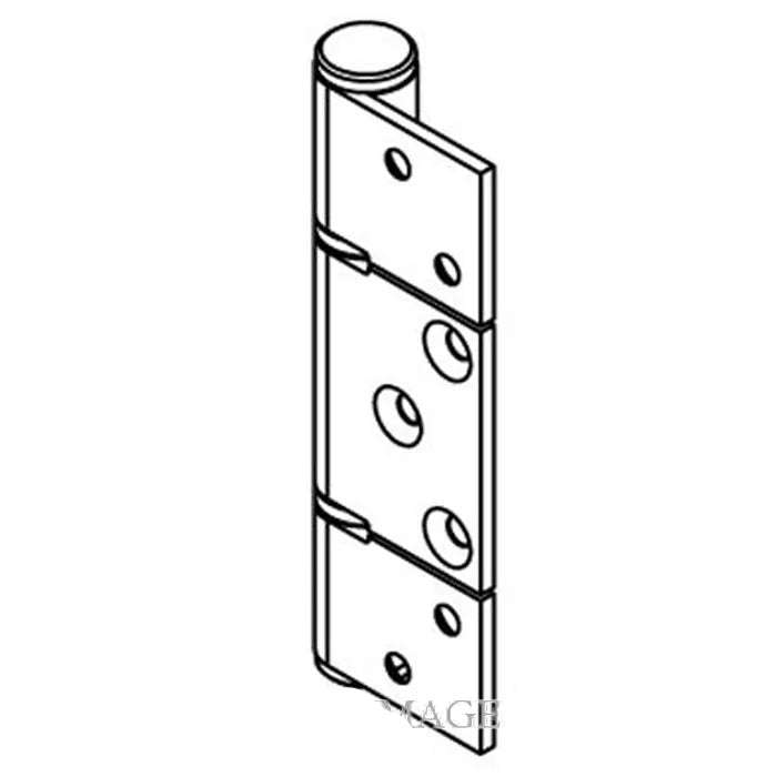 A black and white line drawing of a three-quarter metal door hinge, showing its three leaves and mounting holes, with a copyright watermark at the bottom.