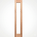 Wooden door with a clear glass panel on a white background