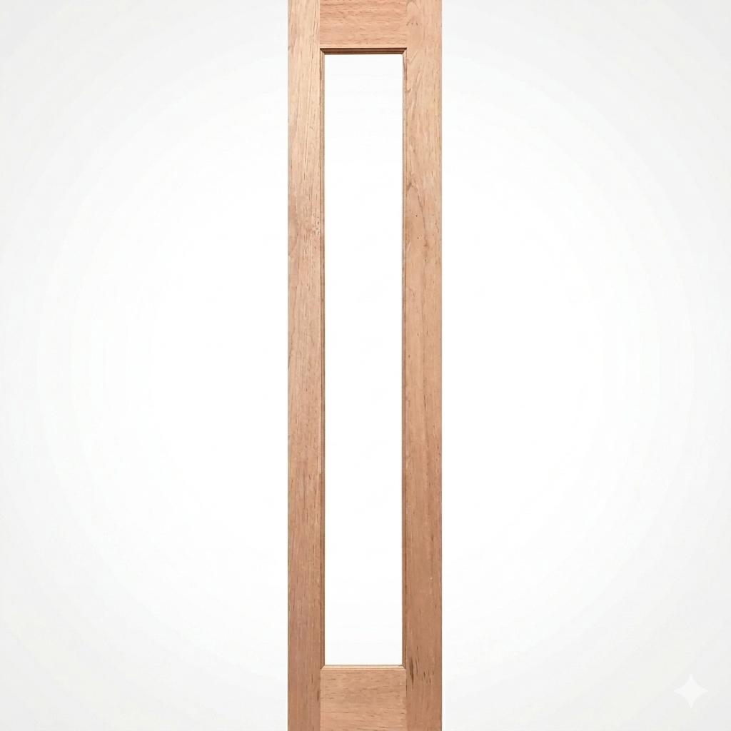 Wooden door with a clear glass panel on a white background