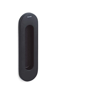 Black rectangular object with textured surface on a white background