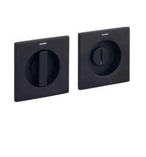 Two black square wall plates with a central circular component on a white background.