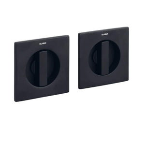 Two black square wall plates with circular cutouts on a white background