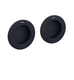 Two black rubber grommets on a white background