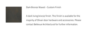 Dark bronze waxed finish description with a color swatch on a white background