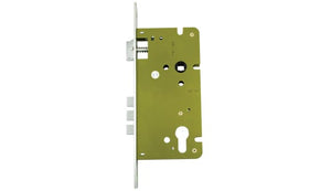 Green metal lock mechanism on a white background