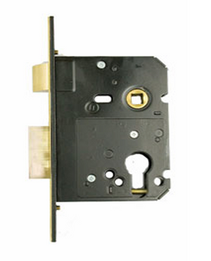 Door lock mechanism with brass finish on a white background