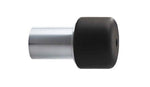 Black cylindrical rubber bumper with metallic center on a white background
