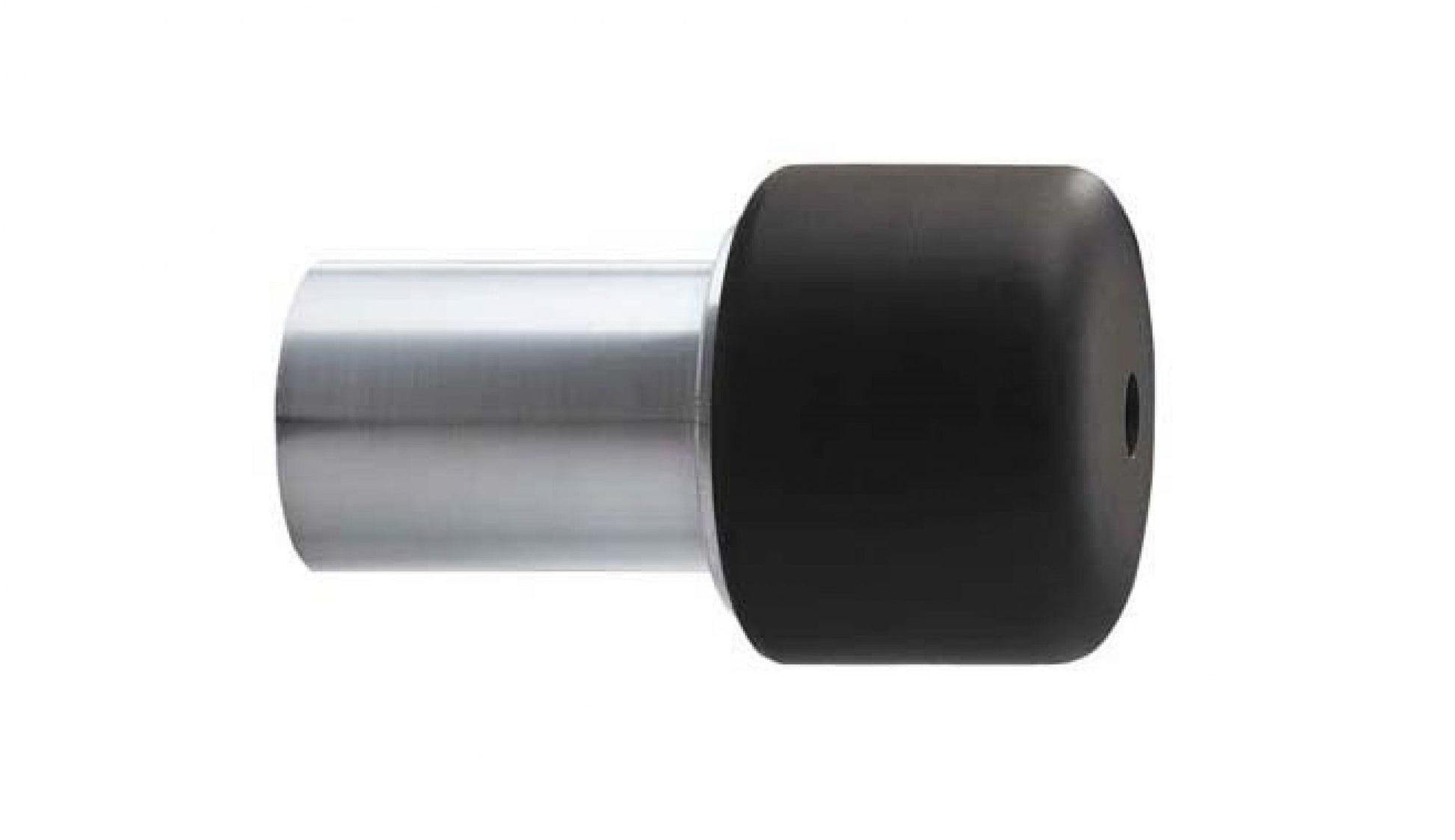 Black cylindrical rubber bumper with metallic center on a white background