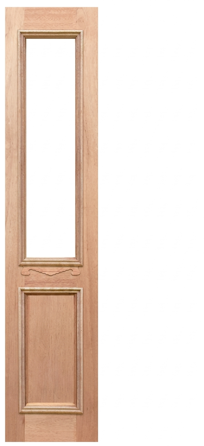 Wooden door with a glass panel on a white background