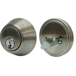 A two-piece metal deadbolt lockset shown on a white background, featuring a brushed satin finish. The left piece shows the front keyhole, and the right piece shows the back with the release lever.