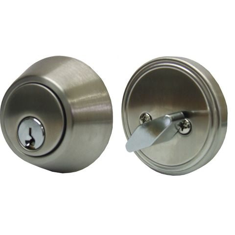 A two-piece metal deadbolt lockset shown on a white background, featuring a brushed satin finish. The left piece shows the front keyhole, and the right piece shows the back with the release lever.