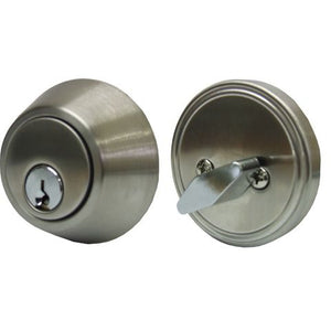 A two-piece metal deadbolt lockset shown on a white background, featuring a brushed satin finish. The left piece shows the front keyhole, and the right piece shows the back with the release lever.