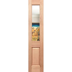 Wooden door with a glass panel featuring a scenic landscape on a white background