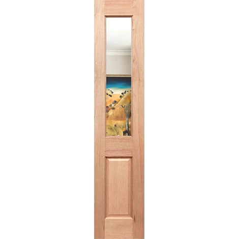 Wooden door with a glass panel featuring a scenic landscape on a white background