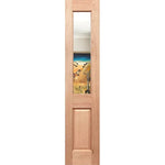 Wooden door with a glass panel showing a scenic view on a white background