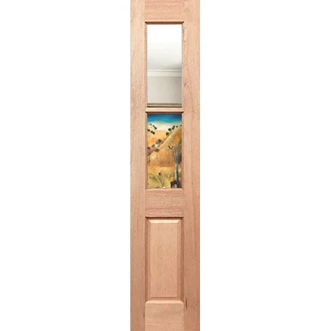 Wooden door with a landscape scene in the center on a white background