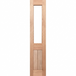 Wooden door with a single glass panel on a white background