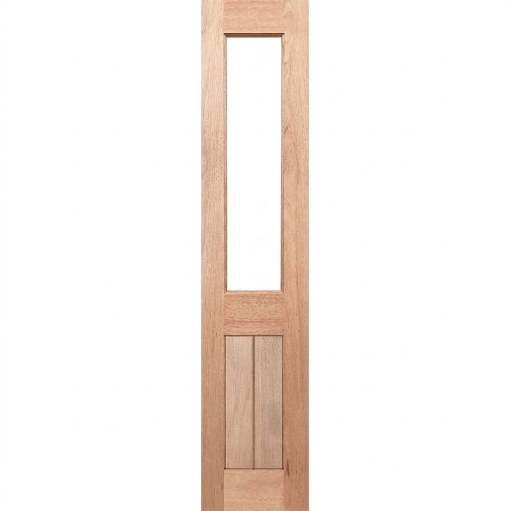Wooden door with a single glass panel on a white background