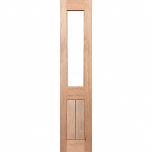 Wooden door with a single glass panel on a white background
