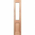 Wooden door with a single rectangular glass panel on a white background
