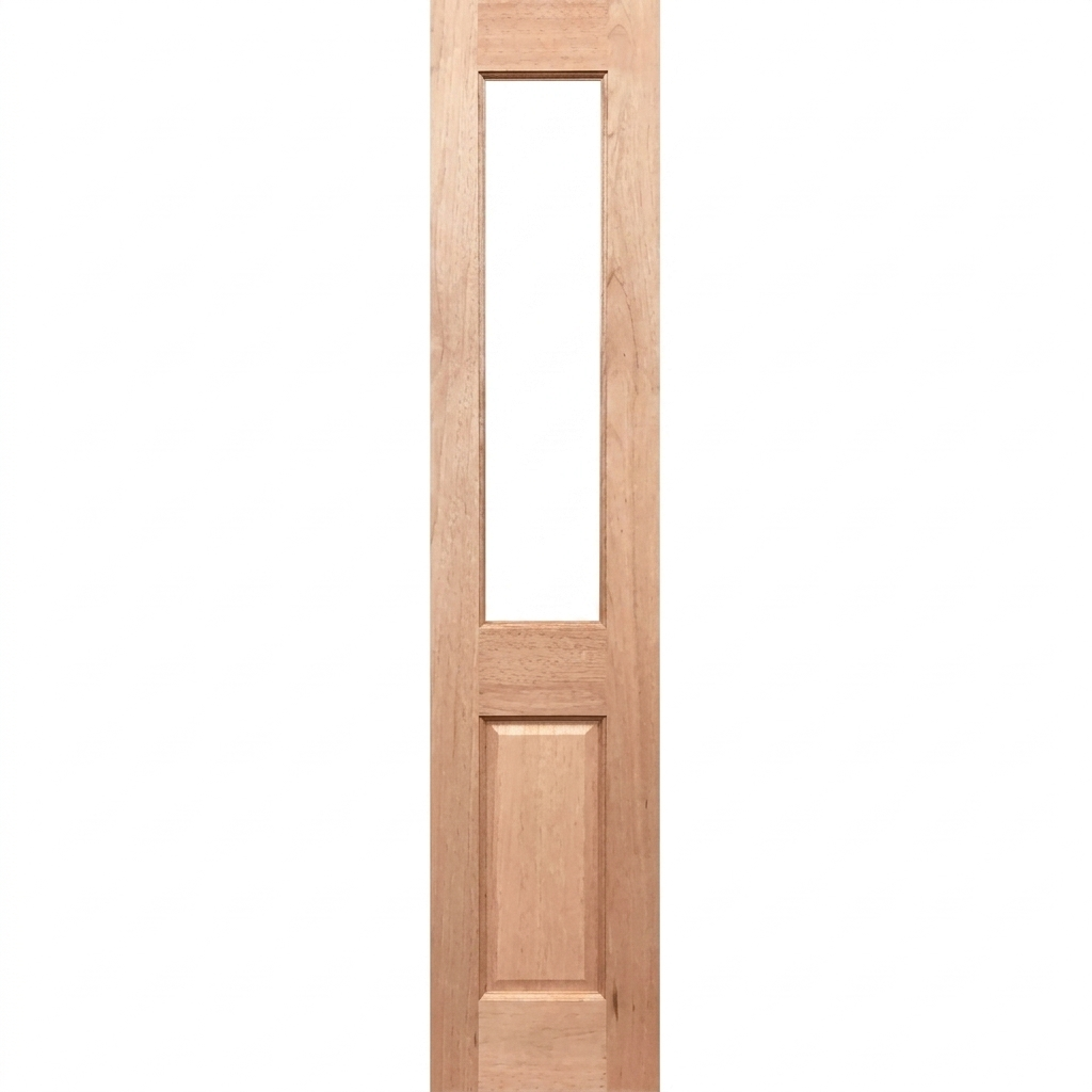 Wooden door with a single rectangular glass panel on a white background
