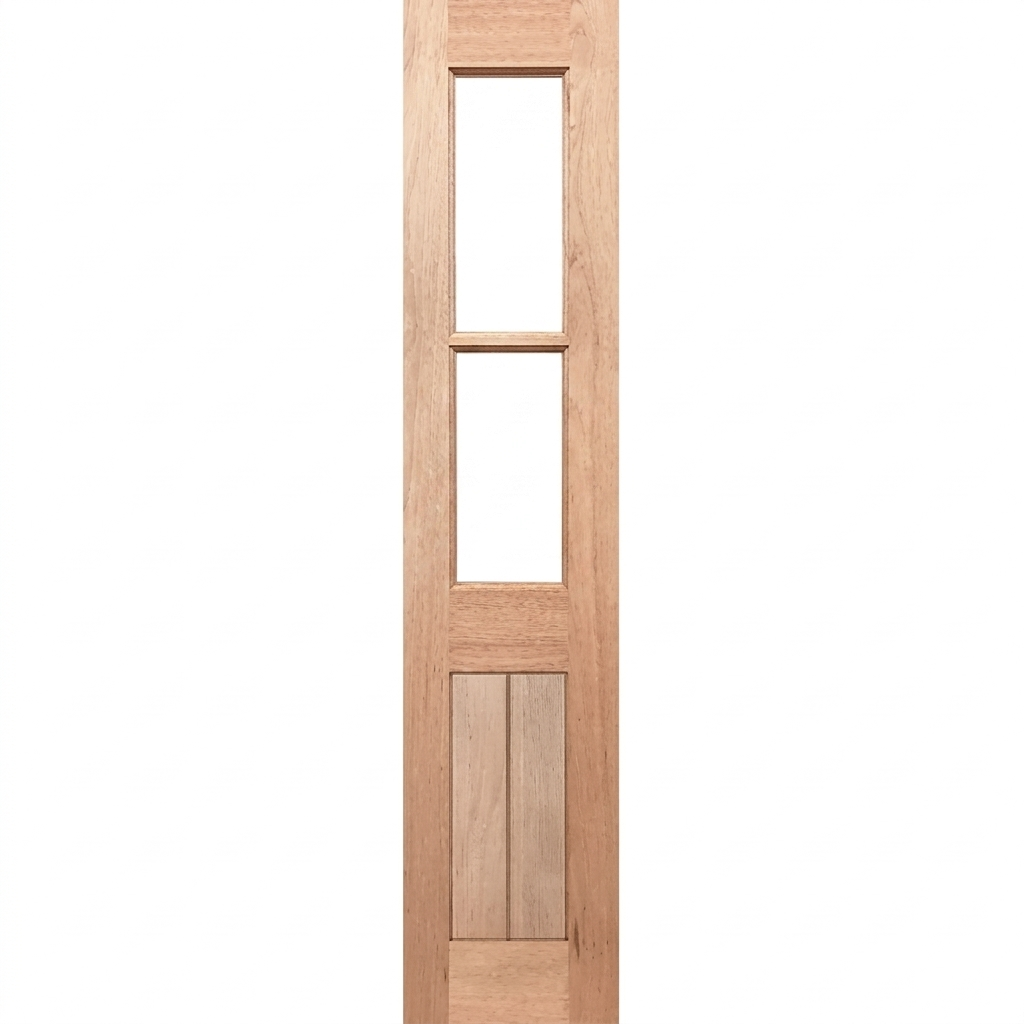 Wooden door with two vertical glass panels on a white background