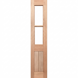 Wooden door with two vertical glass panels on a white background