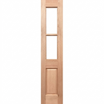 Wooden door with three vertical glass panels on a white background