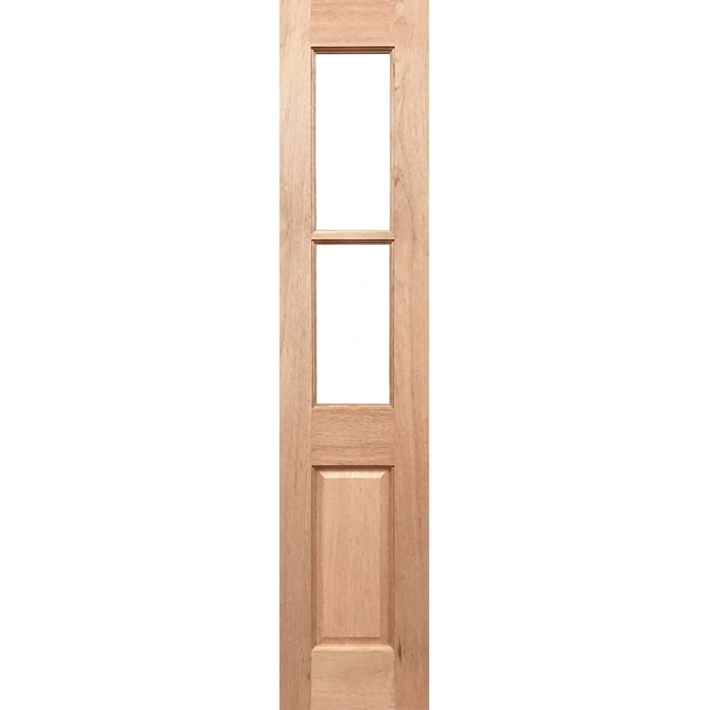Wooden door with three vertical glass panels on a white background