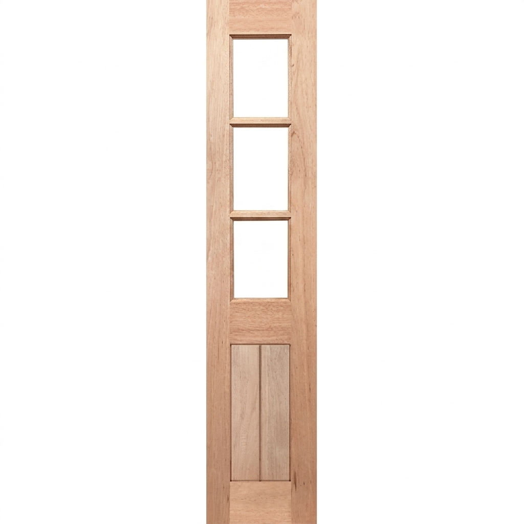 Wooden door with glass panels on a white background