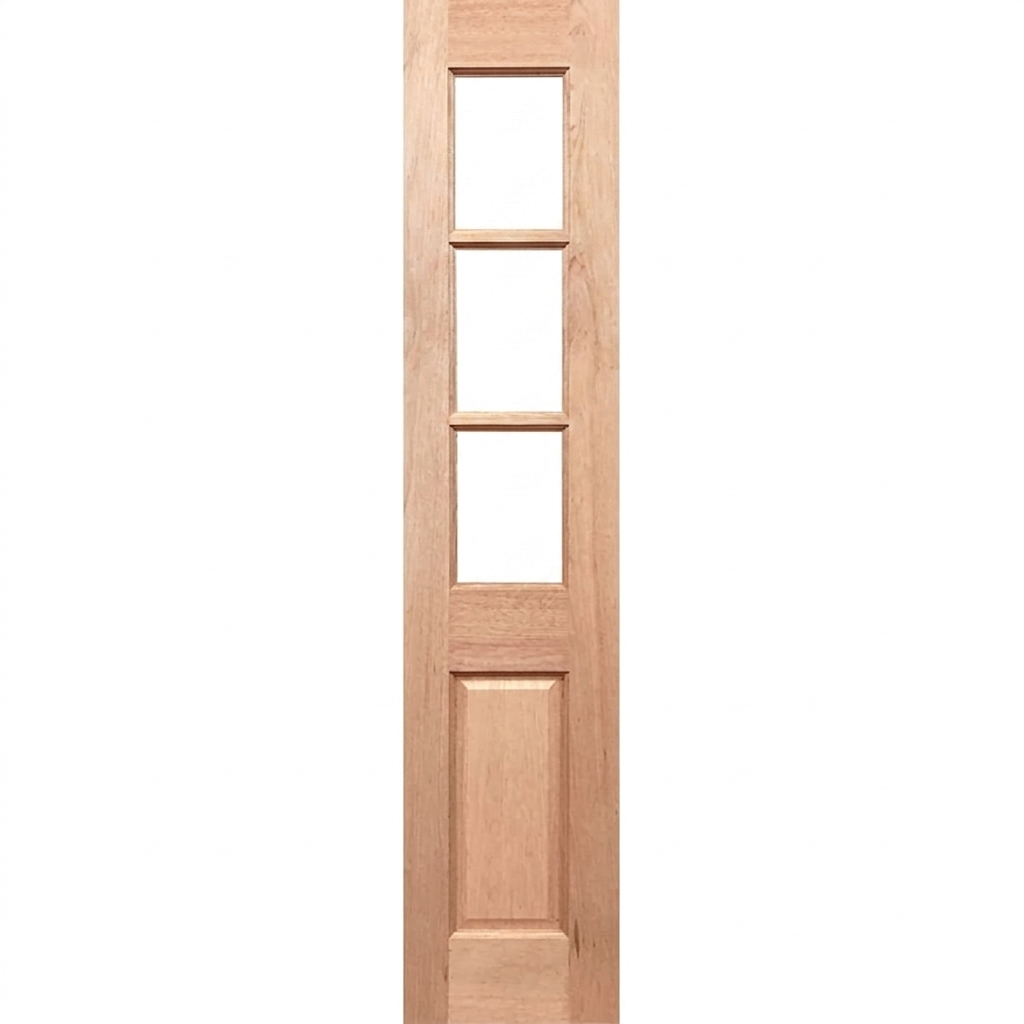 Wooden door with four rectangular glass panels on a white background