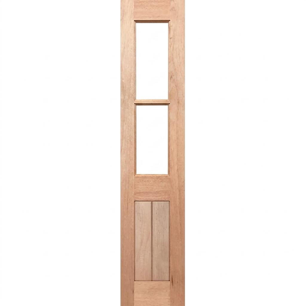 Wooden door with two vertical glass panels on a white background