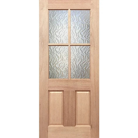 Wooden door with glass panels on a white background