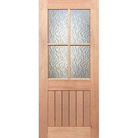 Wooden door with glass panels on a white background