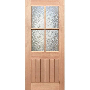 Wooden door with glass panels on a white background