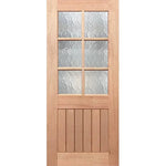 Six-panel V-groove door showcasing elegant cathedral glass