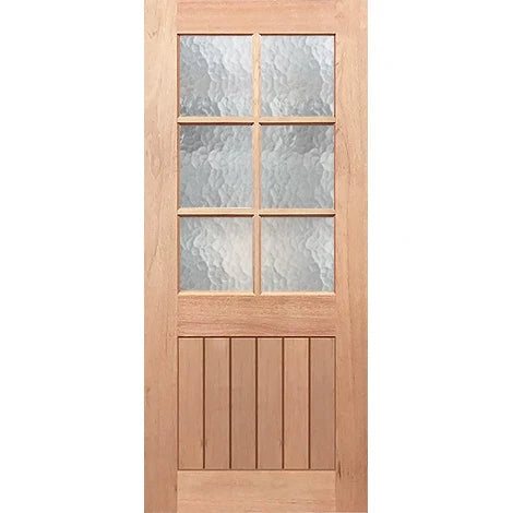 Six-panel V-groove door showcasing elegant cathedral glass