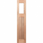 Wooden door with a single square glass panel on a white background