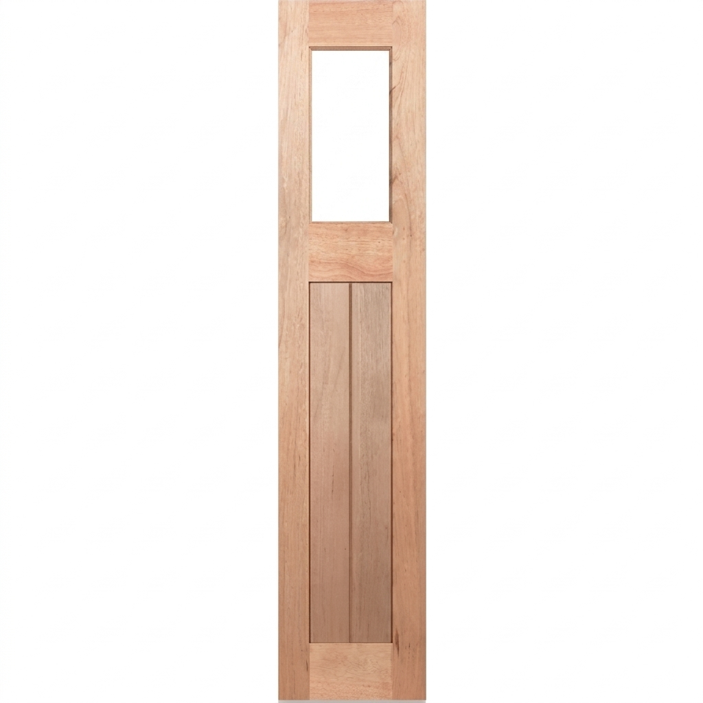 Wooden door with a single square glass panel on a white background