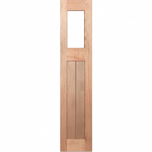 Wooden door with a single square glass panel on a white background