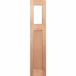 Wooden door with a single square glass panel on a white background